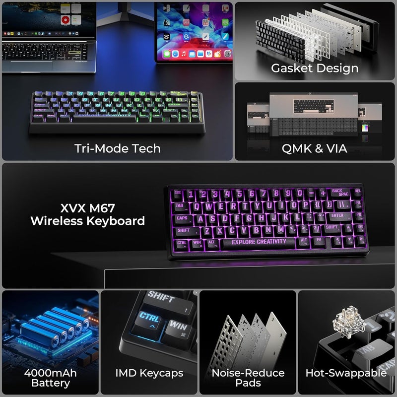 HITIME x XVX M67 Wireless 60% Percent Keyboard, QMK/VIA Topographic Gaming Keyboard, Tri-Mode Thocky Creamy Mechanical Key board, Hot Swappable Gasket Mount RGB IMD Tech for Win/Mac, Miami Theme, Black - Image 2